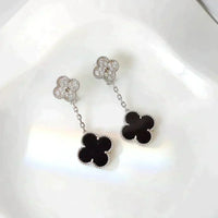 [Super Jewellery]CLOVER 2 MOTIFS  DIAMOND ONYX EARRINGS SILVER