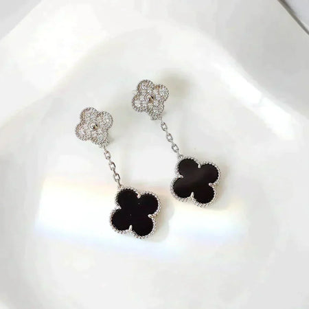 [Super Jewellery]CLOVER 2 MOTIFS  DIAMOND ONYX EARRINGS SILVER