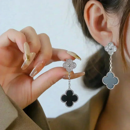 [Super Jewellery]CLOVER 2 MOTIFS  DIAMOND ONYX EARRINGS SILVER