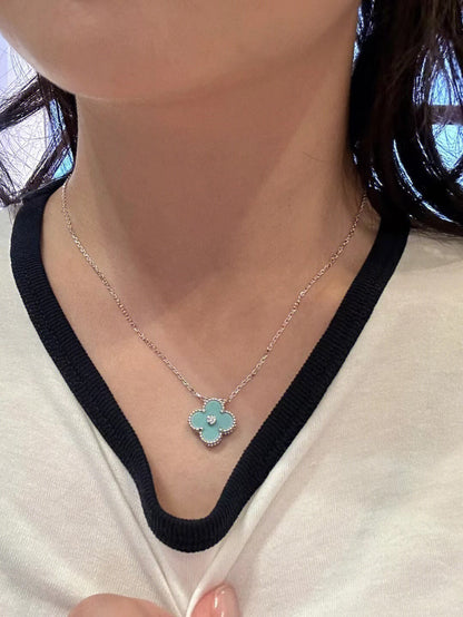 [Super Jewellery]CLOVER 1 DIAMOND LIGHT BLUE SILVER NECKLACE