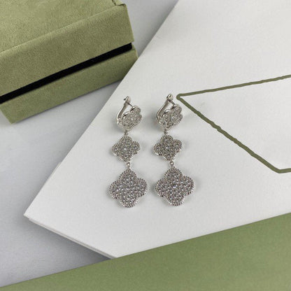 [Super Jewellery]CLOVER 3 MOTIF DIAMOND SILVER DROP EARRINGS