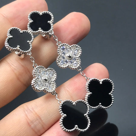 [Super Jewellery]CLOVER 3 MOTIF DIAMOND ONYX SILVER EARRINGS