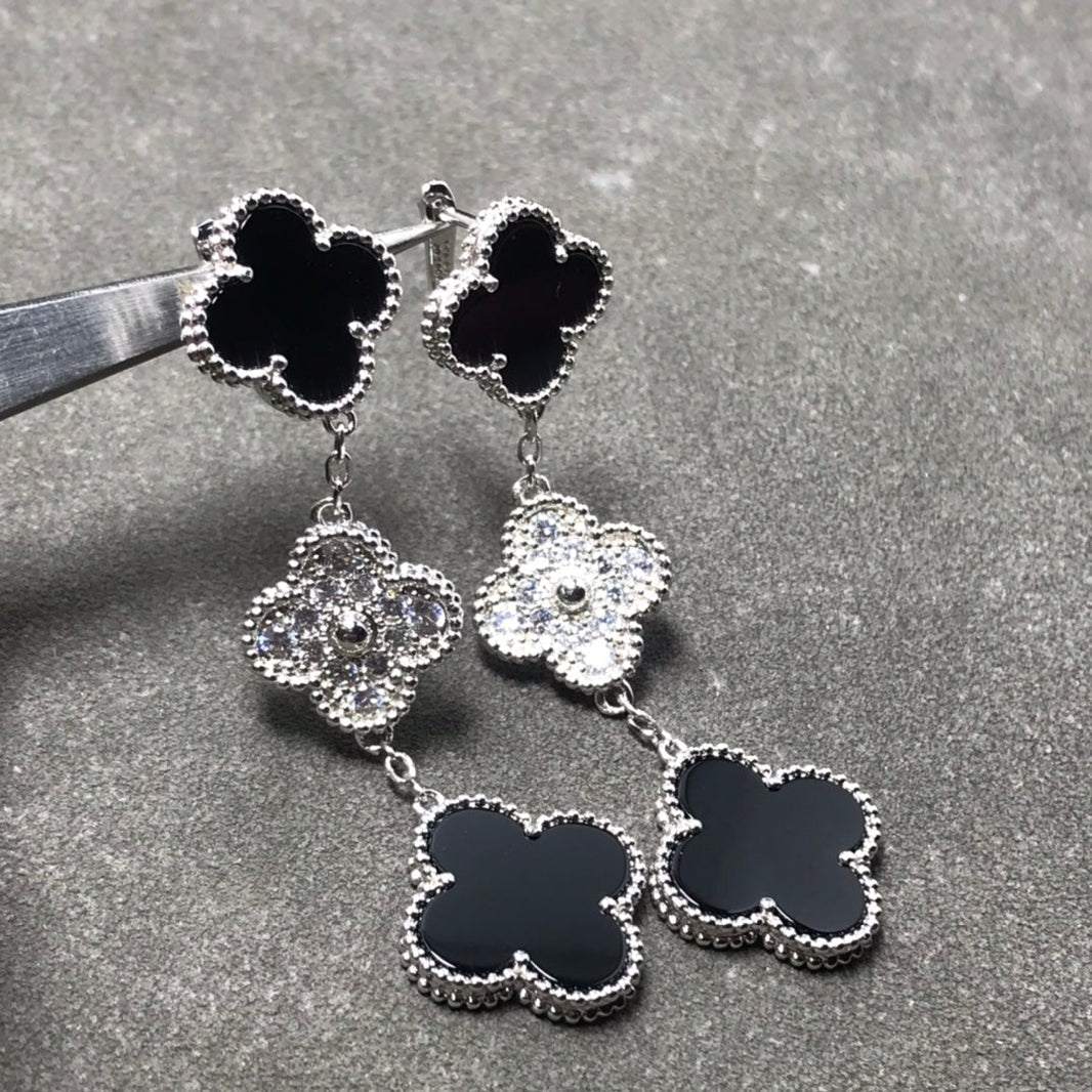 [Super Jewellery]CLOVER 3 MOTIF DIAMOND ONYX SILVER EARRINGS