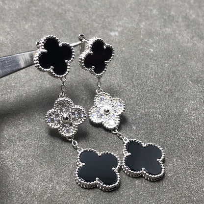 [Super Jewellery]CLOVER 3 MOTIF DIAMOND ONYX SILVER EARRINGS