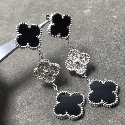 [Super Jewellery]CLOVER 3 MOTIF DIAMOND ONYX SILVER EARRINGS