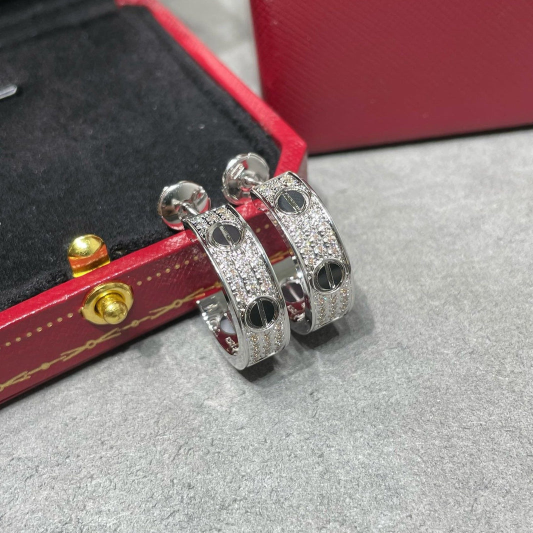 [Super Jewellery]LOVE CERAMIC DIAMOND PAVED SILVER EARRINGS