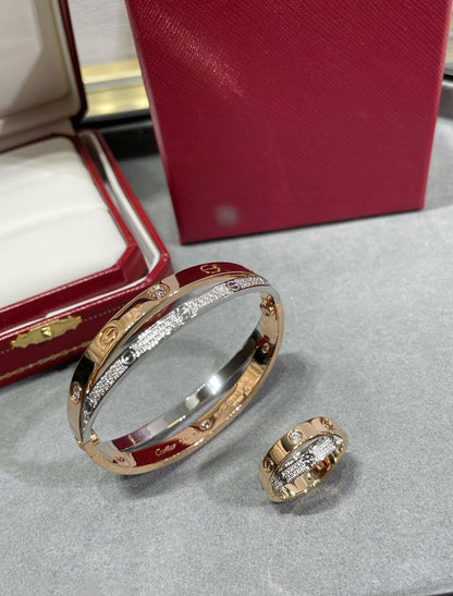 [Super Jewellery]LOVE PINK GOLD SILVER DIAMOND DOUBLE RING