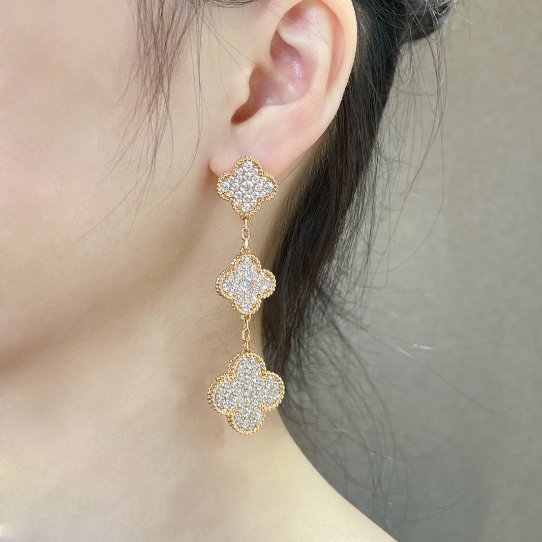 [Super Jewellery]CLOVER 3 MOTIFS DIAMOND PAVED ROSE GOLD EARRINGS