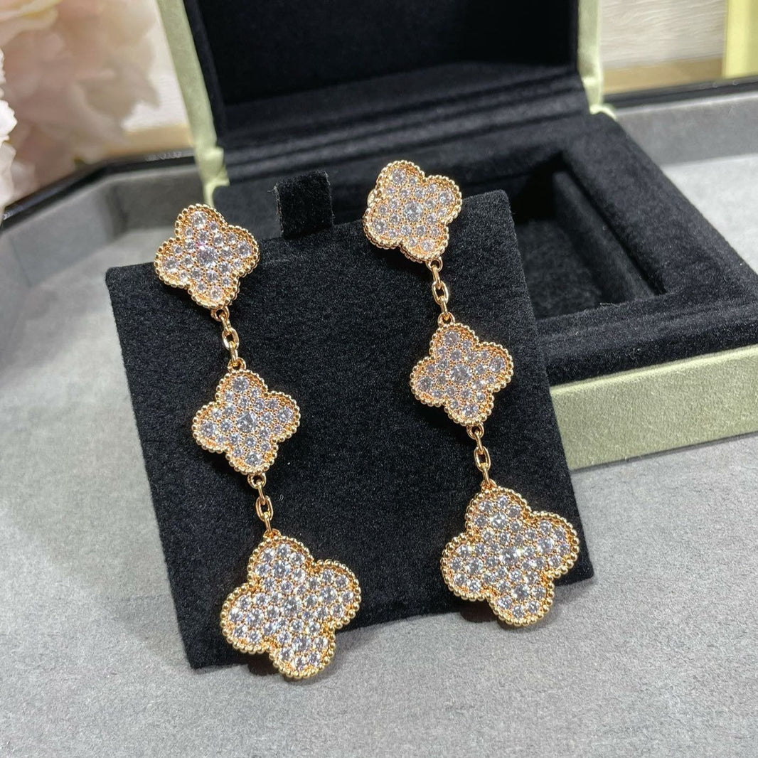 [Super Jewellery]CLOVER 3 MOTIFS DIAMOND PAVED ROSE GOLD EARRINGS