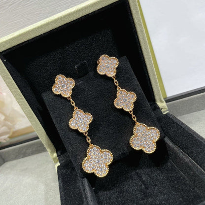 [Super Jewellery]CLOVER 3 MOTIFS DIAMOND PAVED ROSE GOLD EARRINGS