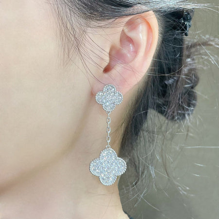 [Super Jewellery]CLOVER 2 MOTIFS DIAMOND PAVED SILVER EARRINGS