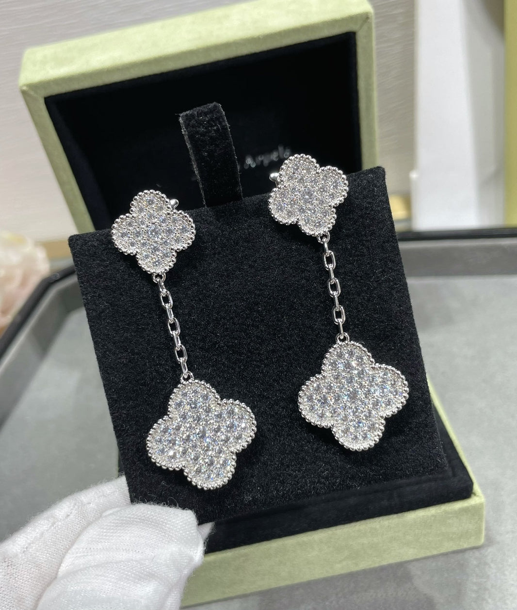 [Super Jewellery]CLOVER 2 MOTIFS DIAMOND PAVED SILVER EARRINGS