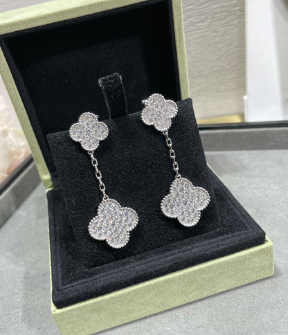[Super Jewellery]CLOVER 2 MOTIFS DIAMOND PAVED SILVER EARRINGS