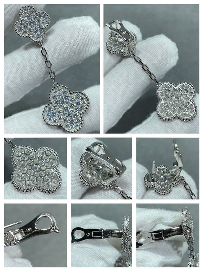 [Super Jewellery]CLOVER 2 MOTIFS DIAMOND PAVED SILVER EARRINGS