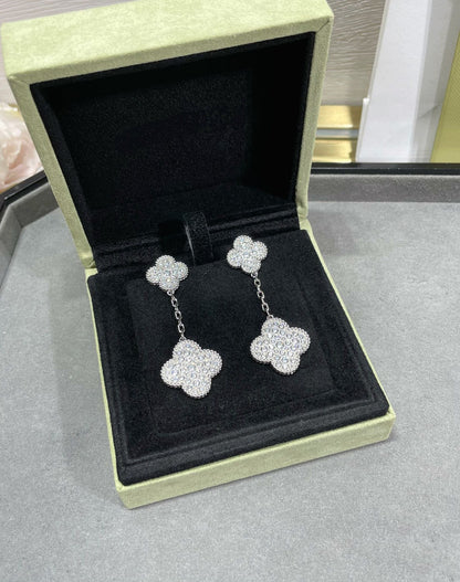 [Super Jewellery]CLOVER 2 MOTIFS DIAMOND PAVED SILVER EARRINGS