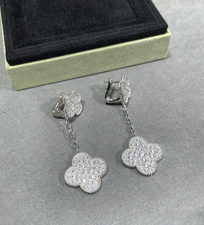 [Super Jewellery]CLOVER 2 MOTIFS DIAMOND PAVED SILVER EARRINGS