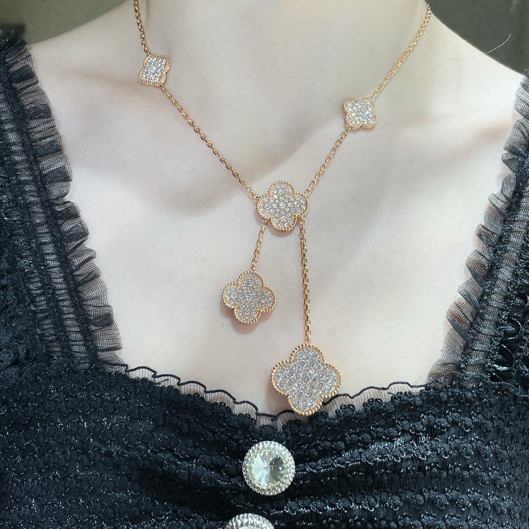 [Super Jewellery]CLOVER 6 MOTIF DIAMOND PAVED NECKLACE