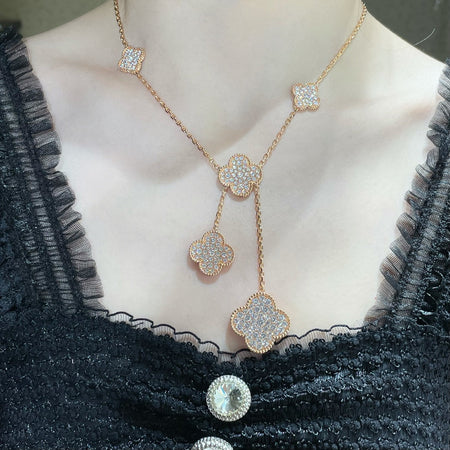 [Super Jewellery]CLOVER 6 MOTIF DIAMOND PAVED NECKLACE