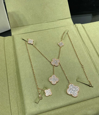 [Super Jewellery]CLOVER 6 MOTIF DIAMOND PAVED NECKLACE
