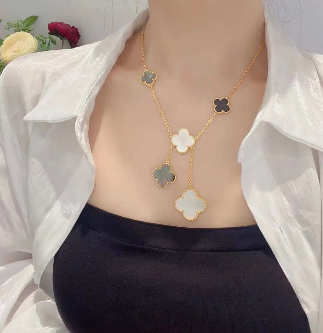 [Super Jewellery]CLOVER 6 MOTIF MOP ONYX GOLD NECKLACE