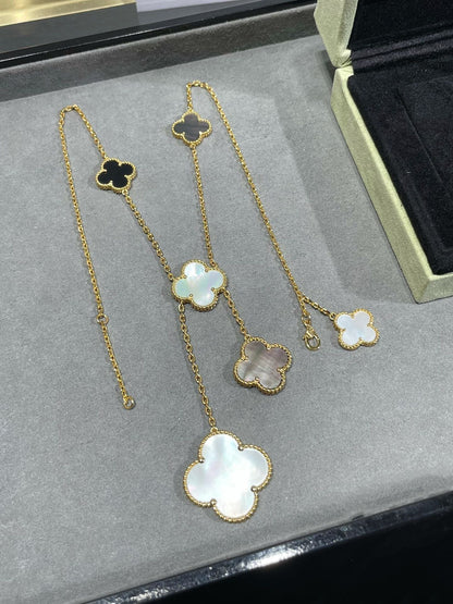 [Super Jewellery]CLOVER 6 MOTIF MOP ONYX GOLD NECKLACE