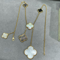 [Super Jewellery]CLOVER 6 MOTIF MOP ONYX GOLD NECKLACE