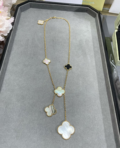 [Super Jewellery]CLOVER 6 MOTIF MOP ONYX GOLD NECKLACE