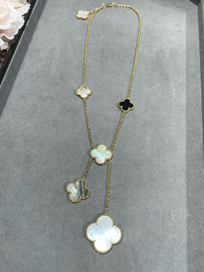 [Super Jewellery]CLOVER 6 MOTIF MOP ONYX GOLD NECKLACE