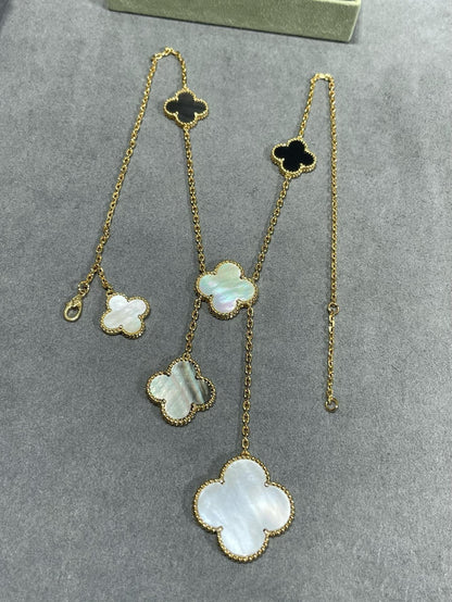[Super Jewellery]CLOVER 6 MOTIF MOP ONYX GOLD NECKLACE