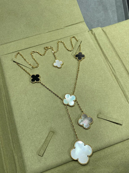[Super Jewellery]CLOVER 6 MOTIF MOP ONYX GOLD NECKLACE