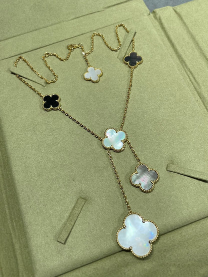 [Super Jewellery]CLOVER 6 MOTIF MOP ONYX GOLD NECKLACE