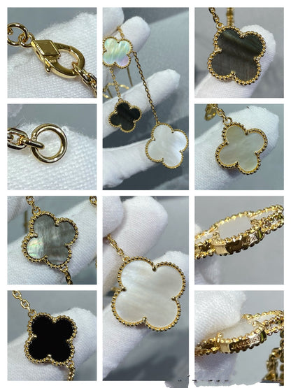 [Super Jewellery]CLOVER 6 MOTIF MOP ONYX GOLD NECKLACE