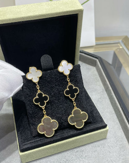 [Super Jewellery]CLOVER 3 MOTIF MOP ONYX DARK MOP PINK GOLD EARRINGS
