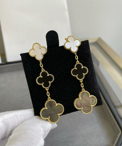 [Super Jewellery]CLOVER 3 MOTIF MOP ONYX DARK MOP PINK GOLD EARRINGS