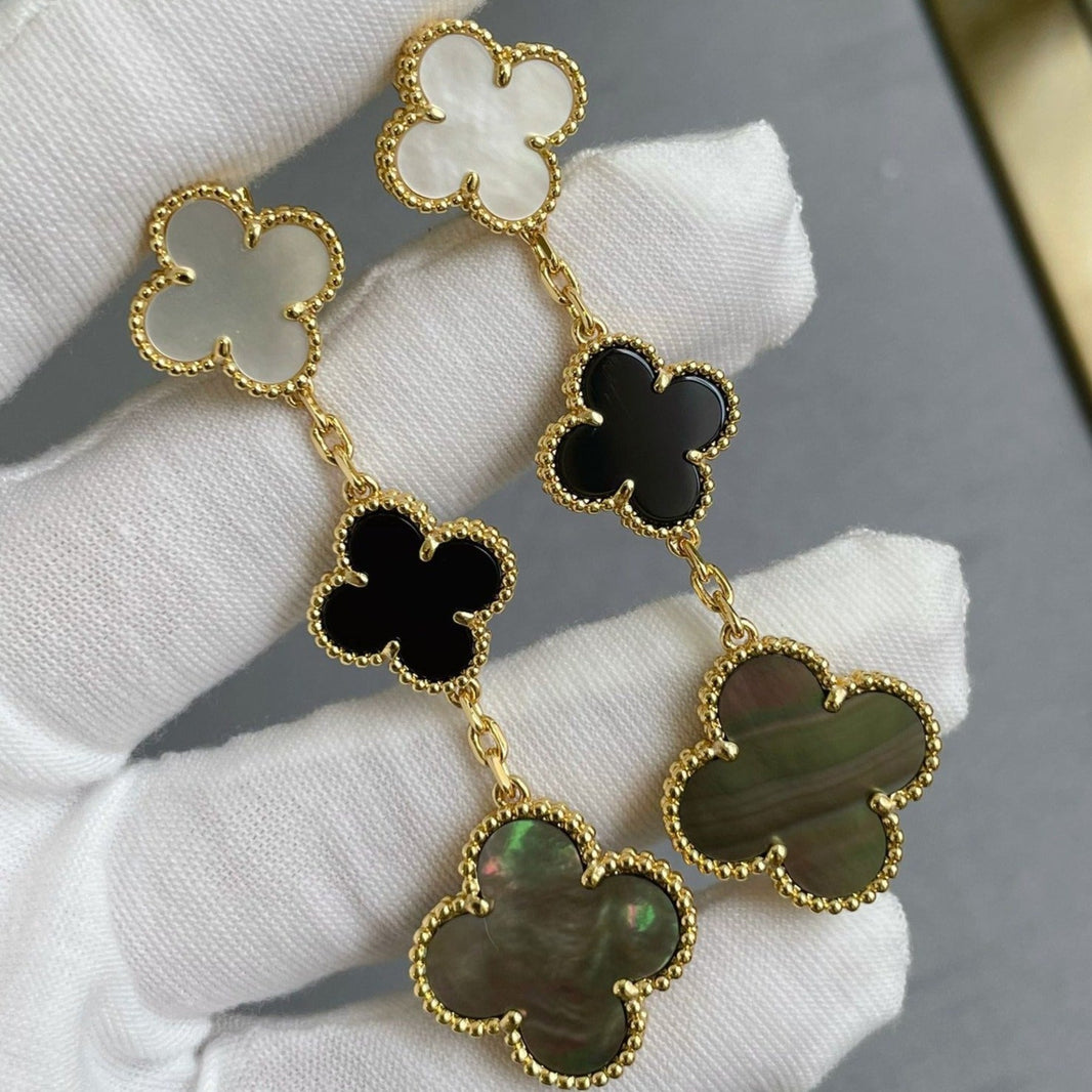 [Super Jewellery]CLOVER 3 MOTIF MOP ONYX DARK MOP PINK GOLD EARRINGS