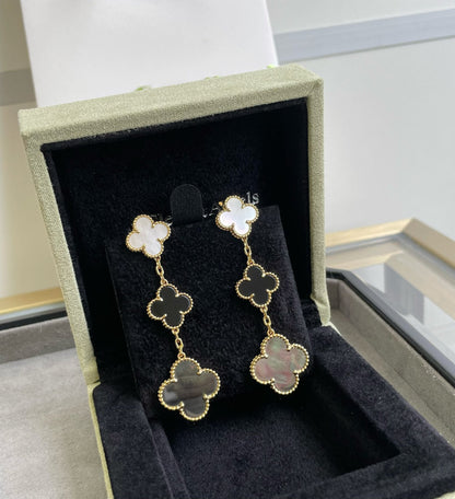 [Super Jewellery]CLOVER 3 MOTIF MOP ONYX DARK MOP PINK GOLD EARRINGS
