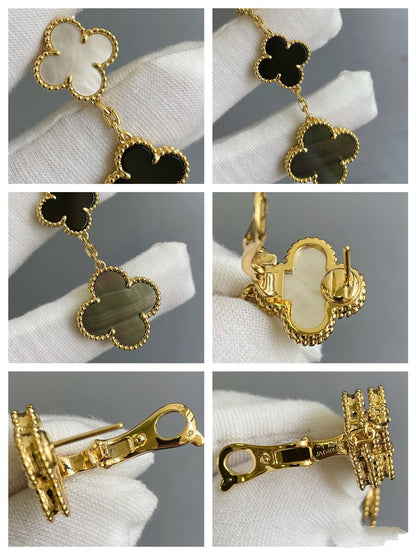 [Super Jewellery]CLOVER 3 MOTIF MOP ONYX DARK MOP PINK GOLD EARRINGS