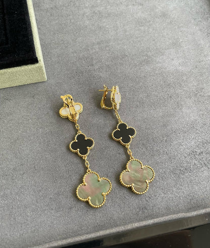 [Super Jewellery]CLOVER 3 MOTIF MOP ONYX DARK MOP PINK GOLD EARRINGS