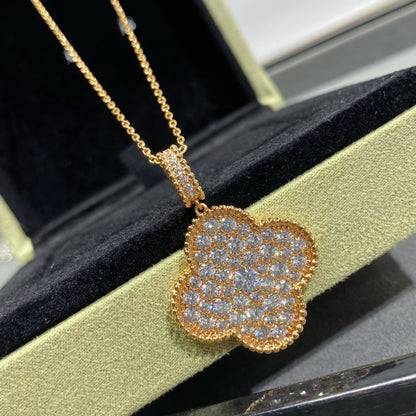 [Super Jewellery]CLOVER 25MM LARGE PEDANT DIAMOND PAVED LONG NECKLACE