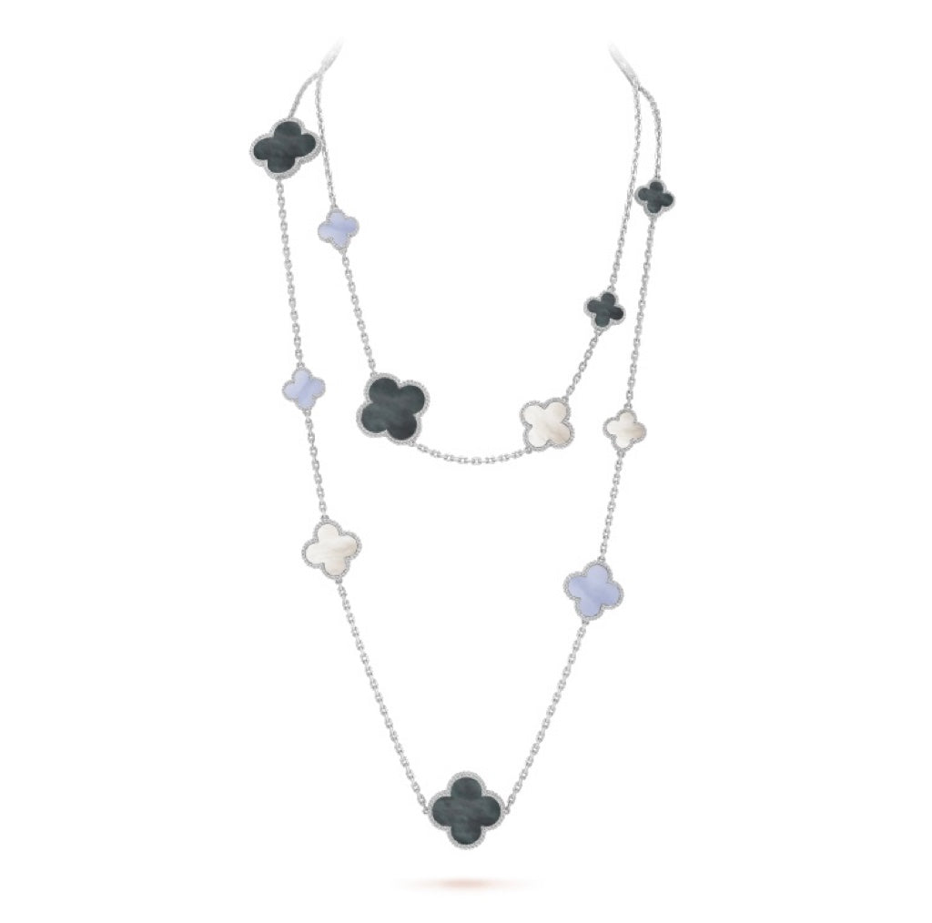 [Super Jewellery]CLOVER 16 MOTIF CHALCEDONY MOP SILVER NECKLACE