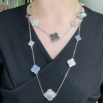 [Super Jewellery]CLOVER 16 MOTIF CHALCEDONY MOP SILVER NECKLACE