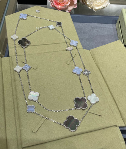 [Super Jewellery]CLOVER 16 MOTIF CHALCEDONY MOP SILVER NECKLACE