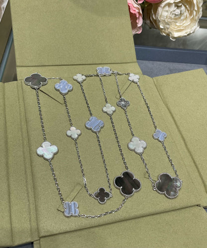 [Super Jewellery]CLOVER 16 MOTIF CHALCEDONY MOP SILVER NECKLACE