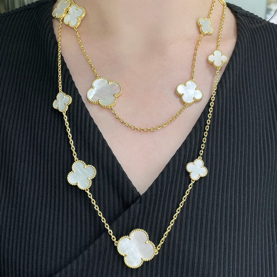 [Super Jewellery]CLOVER 16 MOTIF WHITE MOP GOLD NECKLACE