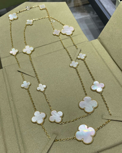 [Super Jewellery]CLOVER 16 MOTIF WHITE MOP GOLD NECKLACE