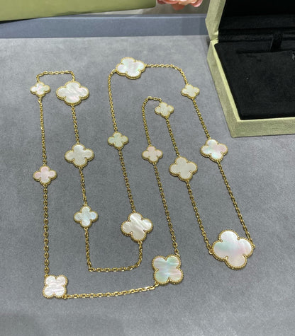[Super Jewellery]CLOVER 16 MOTIF WHITE MOP GOLD NECKLACE