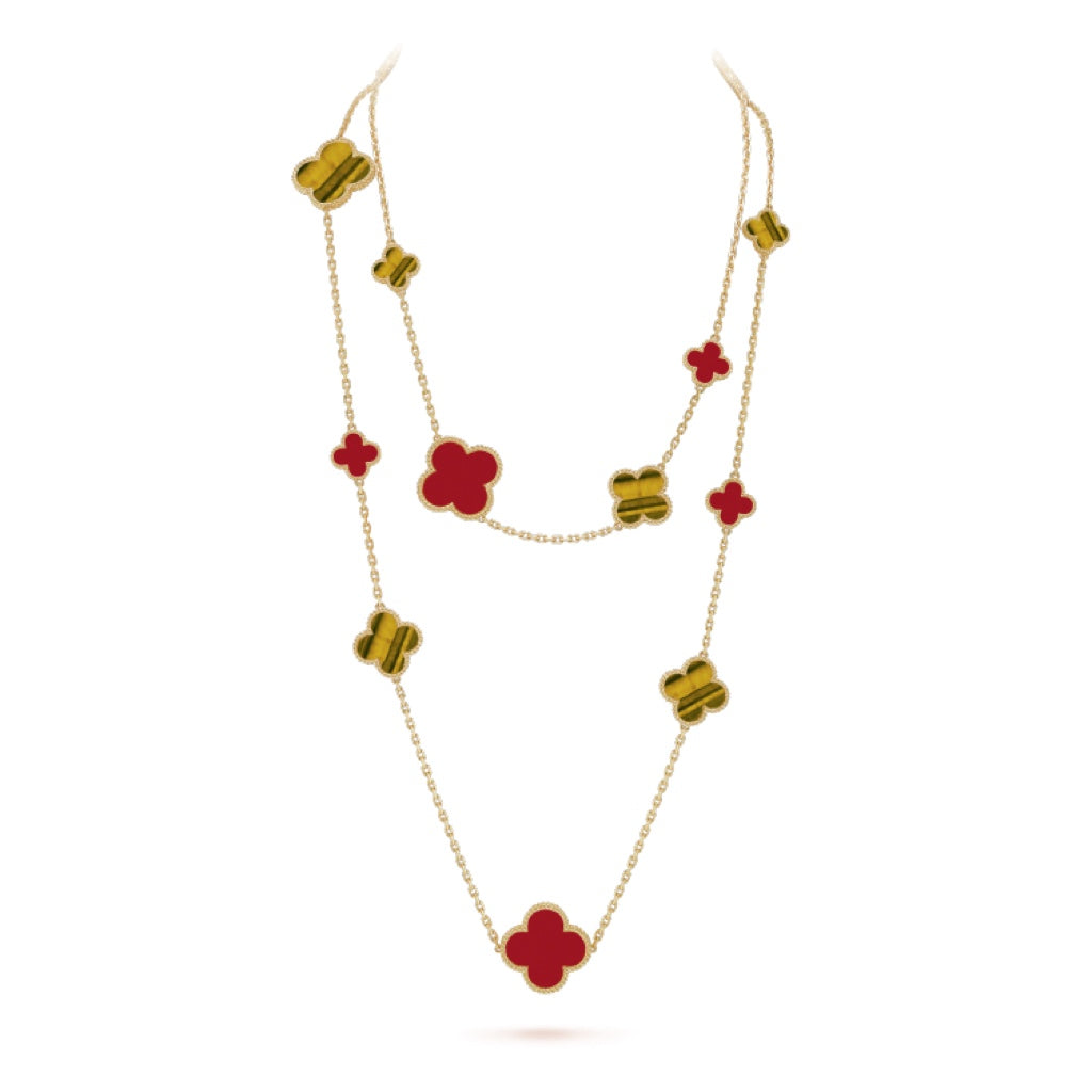 [Super Jewellery]CLOVER 16 MOTIF CARNELIAN TIGER EYE ROSE GOLD NECKLACE