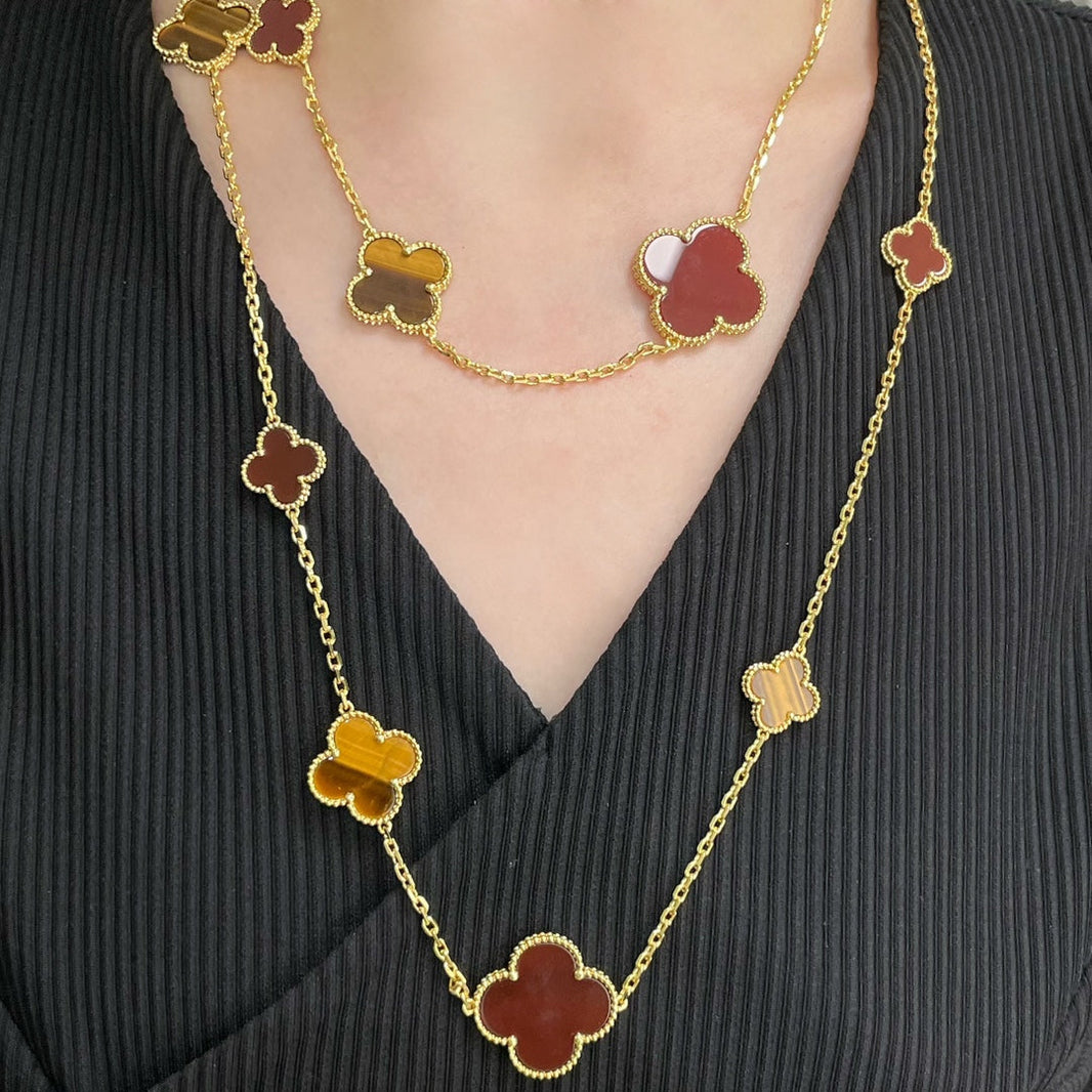 [Super Jewellery]CLOVER 16 MOTIF CARNELIAN TIGER EYE ROSE GOLD NECKLACE