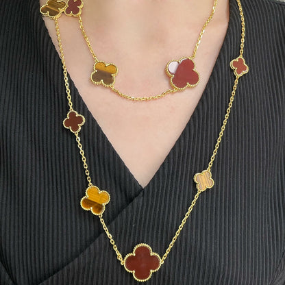 [Super Jewellery]CLOVER 16 MOTIF CARNELIAN TIGER EYE ROSE GOLD NECKLACE