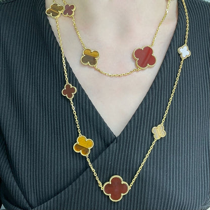 [Super Jewellery]CLOVER 16 MOTIF CARNELIAN TIGER EYE ROSE GOLD NECKLACE